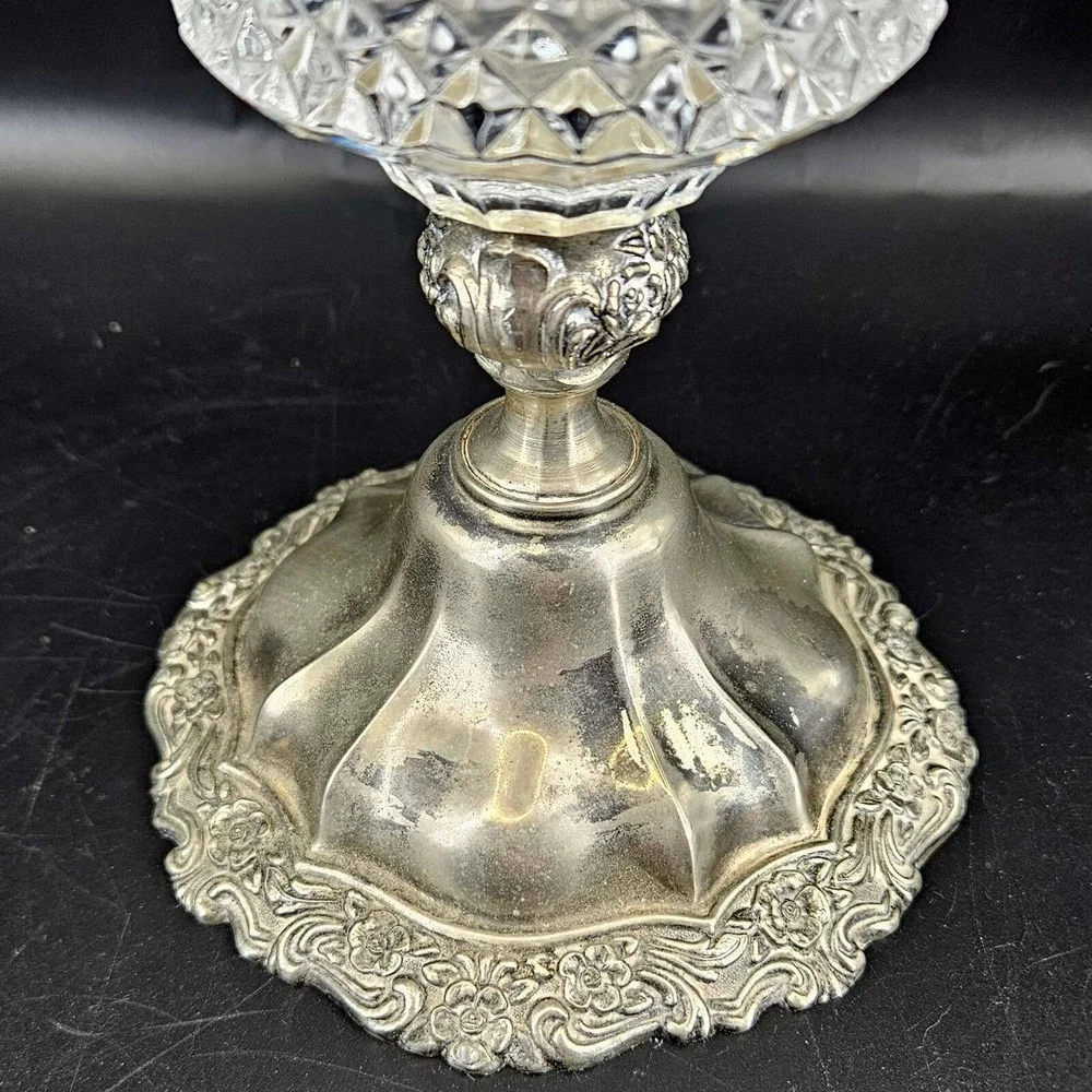 Vintage silver plated floral base diamond cut glass heavy ornate vase, 12" - Picture 3 of 6